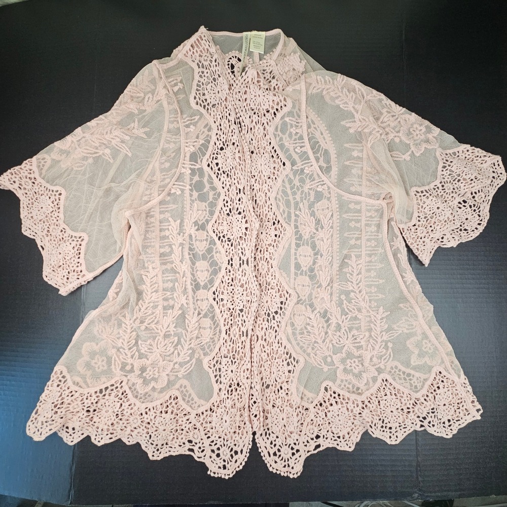 Forgotten Grace Pink Lace Victorian Cover Up Boho Floral Mesh Scalloped Crochet